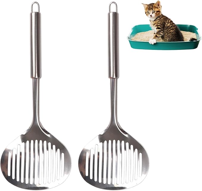 Kakalote 2pcs Cat Litter Scoop, Stainless Steel Durable Litter Scoop for Cat Mesh Shovel Long Handle(12.2inchs Length)