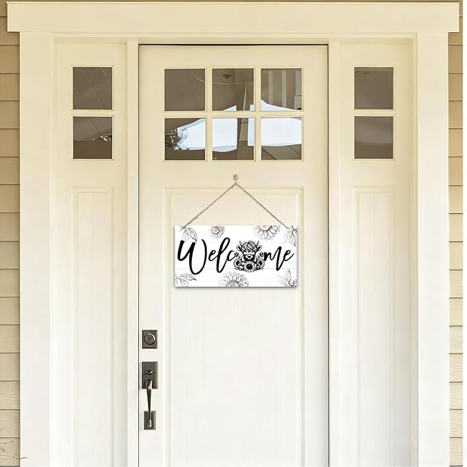 Welcome Sign for Front Door, Welcome Decor Wooden Hanging Sign, Highland Cow and sunflowers Pattern Wall Signs, Rustic Funny Wooden Outdoor Front Door Hanging Decoration 13.8X6.9 inches