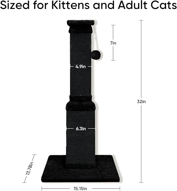 AGYM Cat Scratching Post, 32 Inch Cat Scratching Posts for Large Cats, Scratching Posts for Indoor Cats Adults, Cat Scratch Post with Nature Sisal, Full Black