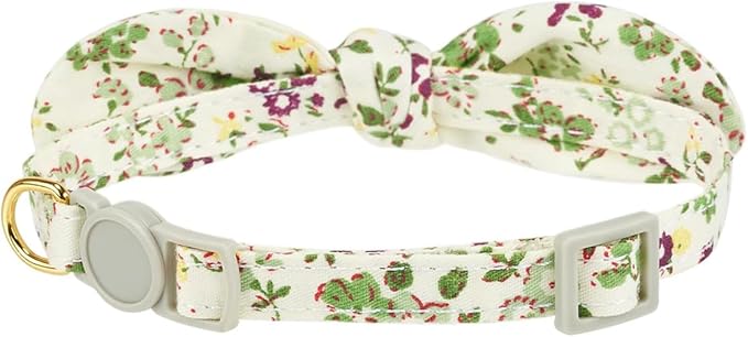 2 Pack Cotton Cat Collar, Removable Bowtie, Floral Pattern, Safety Breakaway Clasp, Adjustable for Cats.(Adult Cat, Check+Green)