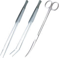 3-Piece Aquascaping Tools Set – 25cm / 9.8in Straight & Curved Long Tweezers, Scissors, Fine Tip 1mm – Aquarium Plant Care, Terrarium Tools
