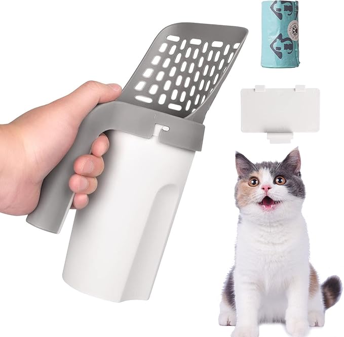Pooper Scooper for Cat, Cat Litter Scoop with Bags, Integrated Detachable Deep Shovel Holder, Large Capacity Portable