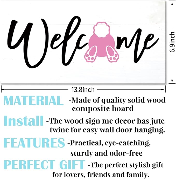 Welcome Sign for Front Door, Welcome Decor Wooden Hanging Sign for Wall Decor, Pink bunny' Pattern Wall Signs, Rustic Funny Wooden Outdoor Front Door Hanging Decoration 13.8X6.9 inches