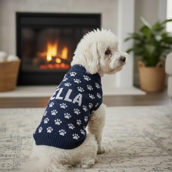 Custom Pet Knit Sweater with Name Personalized Dog Cat Outfit Paw Pattern Winter Warm Clothing for Puppies Kittens Holiday Birthday Gift Keepsake Comfortable Everyday Wear