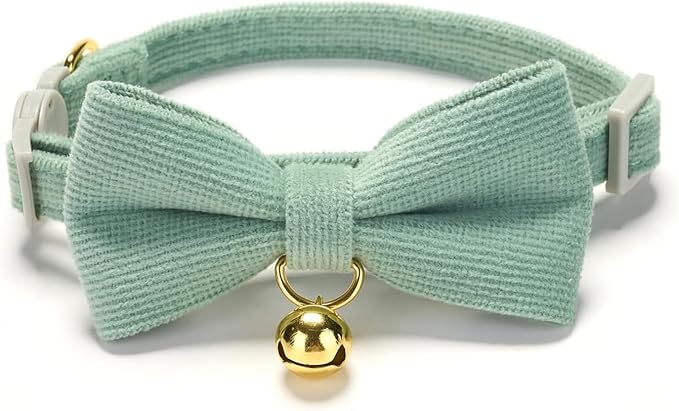 Soft Corduroy Cat Collar with Bell and Bowtie, Safety Breakaway Clasp, Adjustable for Kitten and Cats Grass Green Color.
