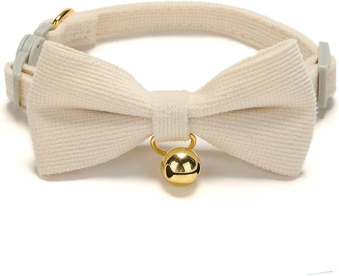 2 Pack Soft Corduroy Cat Collars with Bow Tie & Bell Adjustable Breakaway Bowtie Kitten Collar for Girl Boy Kittens(White & Grass Green)