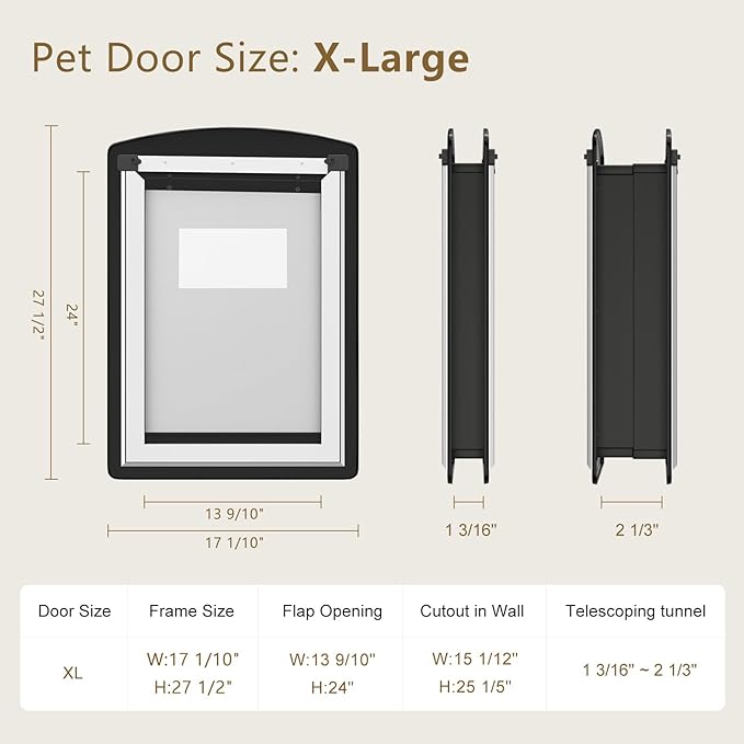 MAVRICFLEX Extra Large Dog Door for Door - All-Stainless Steel Frame, Weather-Resistant Double Soft Flaps, 2 Sliding ABS Panels for Door Use, Fits Giant Dogs Up to 220 LBS, Easy Install, Black
