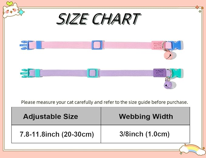 Elastic Cat Collar 2 Pack of Safety Quick Release Cat Collars with Bell Anti-Suffocation Kitten Puppy Collars(Pink+Lilac)