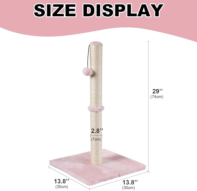Dimaka Tall Cat Scratching Post, Claw Scratcher with Sisal Rope and Covered with Soft Smooth Plush, Vertical Scratch [Full Strectch] for Standard Size Cats (Pink, 29 inches for All Cats)