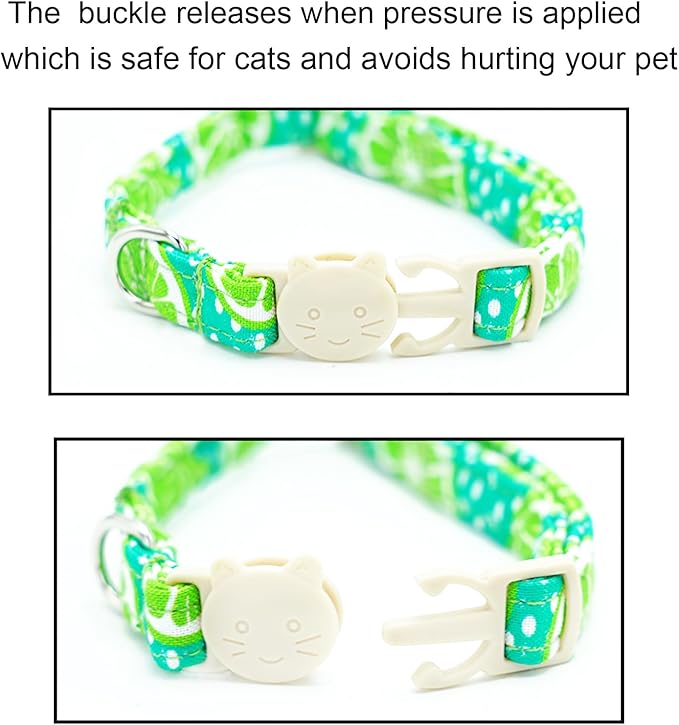 Cat Collar-2 Pack Cute Cat Collars Peach & Lemon Print Breakaway with Kitten and Bell Pendant Safety Buckle Pet Collar Soft Cotton Collar for Cats and Small Pets Gift