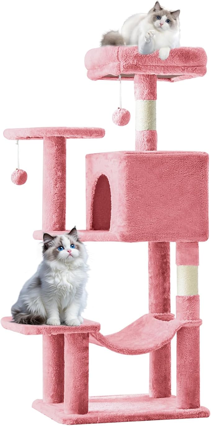 Sweetcrispy 44 Inch Cat Tree Tower, Cat Climbing Tower with Natural Sisal Scratching Posts, Hammock, Pet Condo for Indoor Cats and Kittens Play, Pink