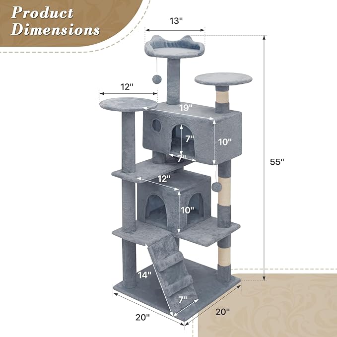 Athena Collection Cat Tree, 54 Inch Multi-Level Cat Activity Center with 2 Cat Condo & Scratching Post & Dangling Ball for Indoor Cats, Light Gray