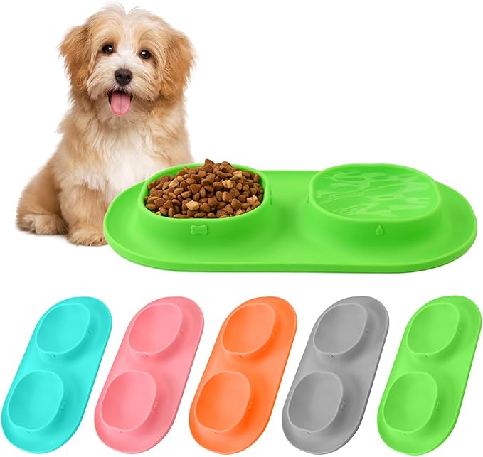 Small Size Puppy Dog Bowls: Food and Water Bowls Set for Small Dogs, No-Spill Non-Skid Dog Dish, Green