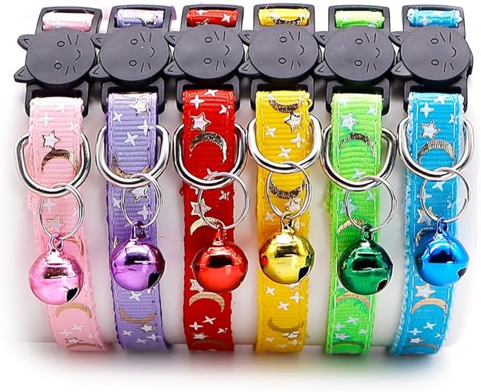 Reflective Cat Collars Breakaway with Bell 2-Pack Girl Boy Pet Kitten Collar with Star Moon Patetrn Adjustable 7.5-12.5 Inch (Red)