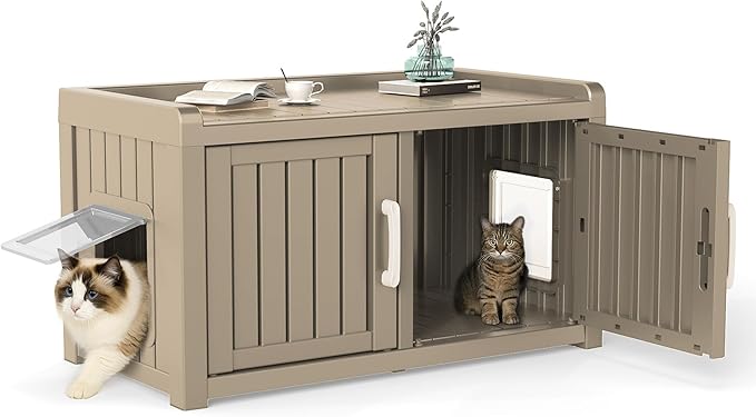 Cat Litter Box Enclosure Resin Hidden Cat Litter Box Furniture Multi-Functional Double Door Spacious Odorless Waterproof UV-Resistant Indoor Outdoor Use Grey
