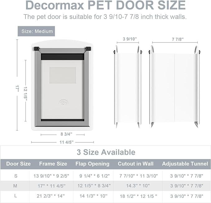 Steel Dog Door for Wall, Energy Efficient Pet Door, Telescoping Tunnel and Steel Frame, Double Magnetic Flaps and Two Sliding Lock Panels, Easy to Install, White, Medium