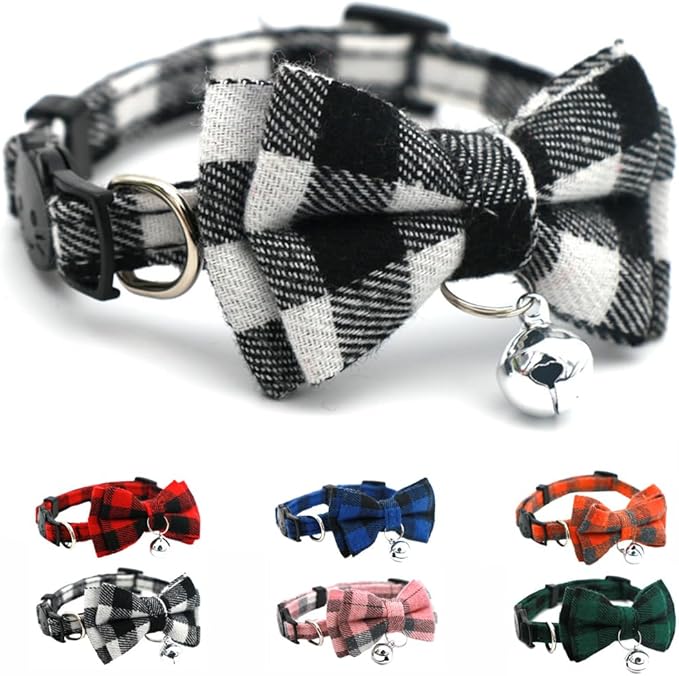 White Plaid Dog Bow Collar with Bell, Breakaway Cat Collar Bell with Bowtie Christmas Puppy Collars for XXS Xs Small Tiny Little Pet Dogs Boy Girl Kitten, for Hoilday Birthday Party