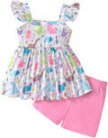 Toddler Baby Girls Summer Clothes Outfits Ruffled Sleeve Dinosaur Shirt Leopard Tops and Shorts Pants Sets 2PCS