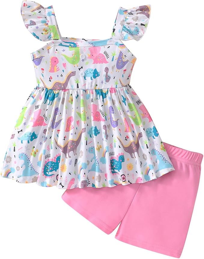 Toddler Baby Girls Summer Clothes Outfits Ruffled Sleeve Dinosaur Shirt Leopard Tops and Shorts Pants Sets 2PCS