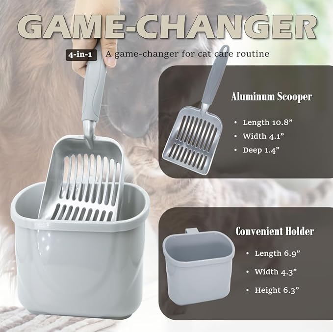 4-in-1 Cat Litter Scoop with Holder, Cat Litter Box Organizer Cleanup Kit - Sweeper & Dustpan, Aluminum Kitty Litter Scooper and Storage Caddy (Gray)