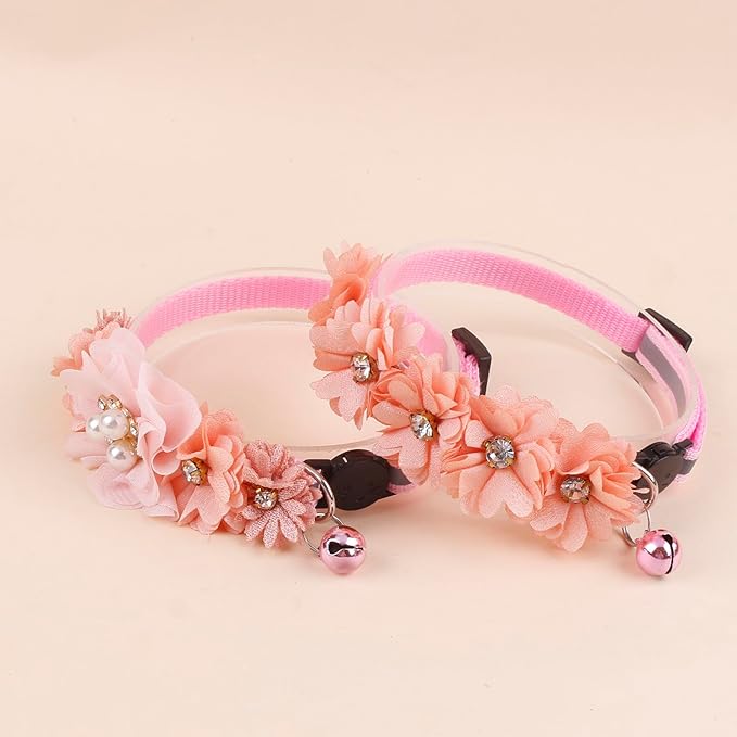 2 Pack Cat Collar Pink Floral with Bell and Removable Flower Bowtie Breakaway Adjustable Cat Collar for Girl Kitten Puppy Small Cats Dogs Daily Decoration (XQ102-2)