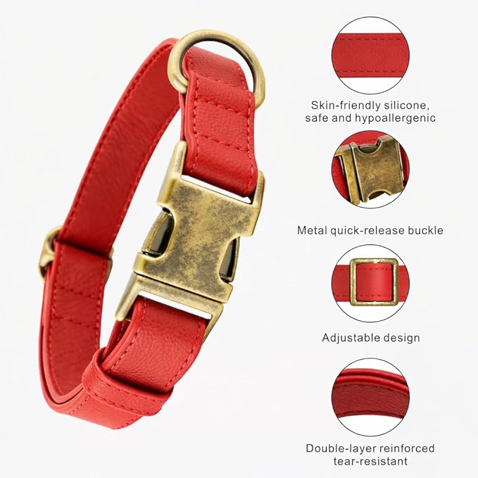 Silicone Dog Collar and Leash Set, Waterproof & Odor-Proof Puppy Collar for Small Dogs, Soft Flexible Leather-Look Dog Collars, Durable Thick Adjustable Pet Collar (Red, Small (9-14" Neck))