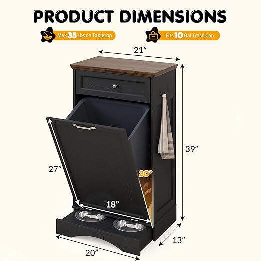 Tilt Out Trash Can Cabinet with Dog Bowl, 13 Gallons Dog Feeding Station with Storage, Dog Food Cabinet with Hideaway Drawer for Kitchen, Living Room,Laundry Room