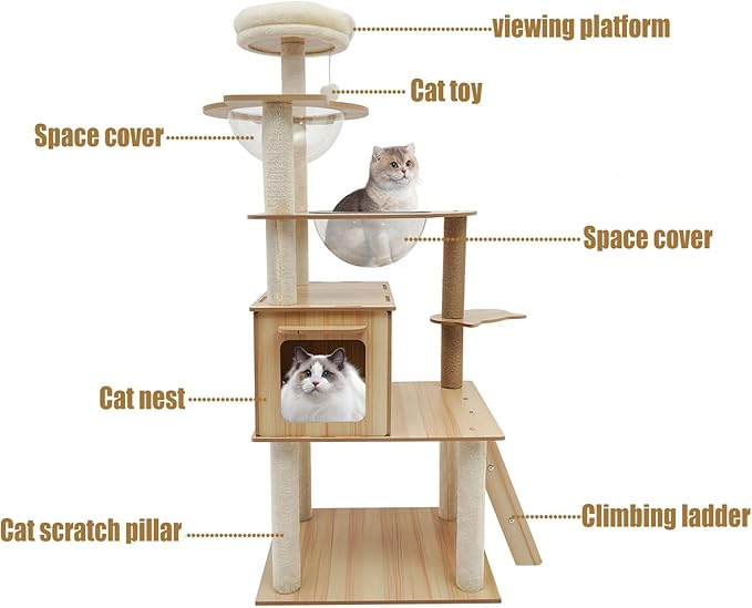 Wood Cat Tree, Modern 5-Tier Wooden Cat Tree, Wooden Tower with Acrylic Space Capsules & Sisal Scratching Post, 55.1in Multi-Level Activity Center for Indoor Cats (22lbs Capacity)