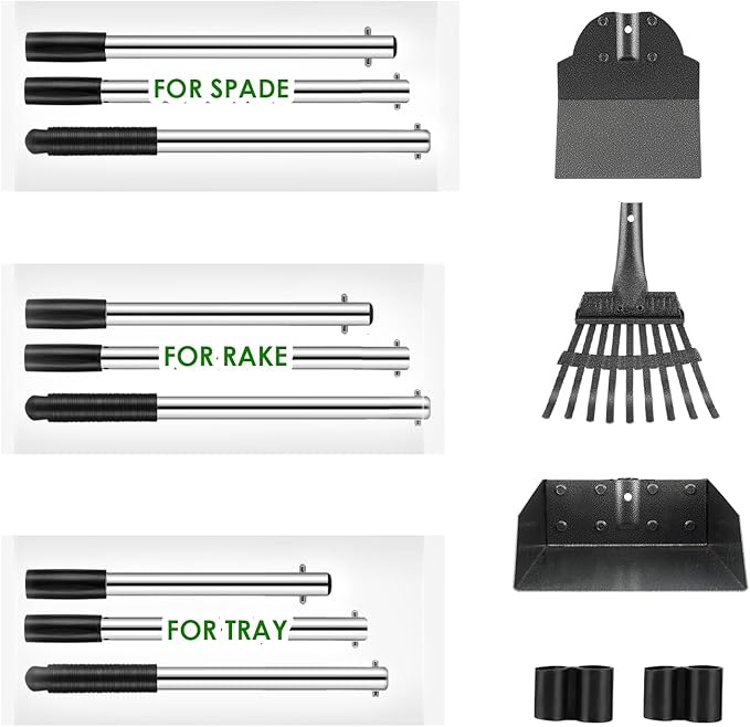 Pooper Scooper, Long Handle Dog Pooper Scooper, Heavy Duty Stainless Steel Rake, Tray & Spade Set for Pet Waste Removal, Use on Grass, Dirt or Gravel
