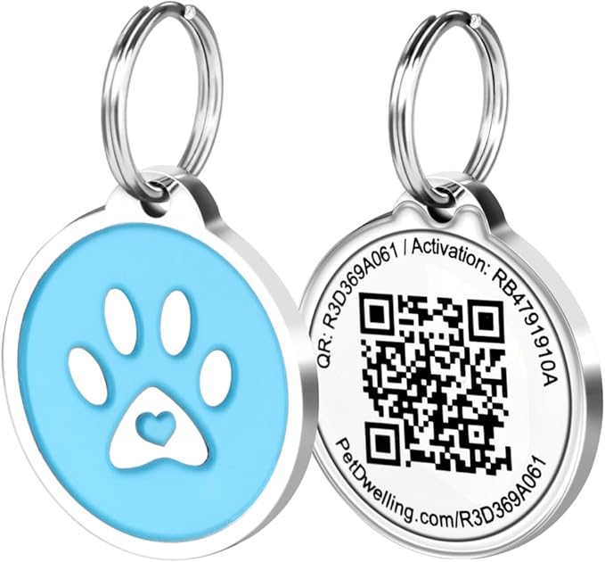 Pet Dwelling QR Code Pet ID Tag – Smart Dog & Cat ID Tags for Pet Safety, Free Personalized Online Profile, Instant Scan Alerts, AI Insights (Summer Blue Paw)