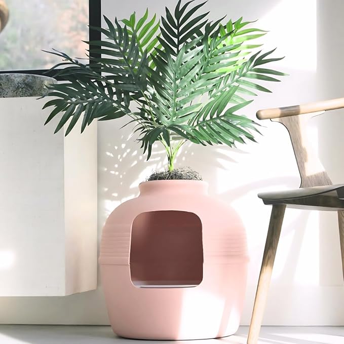 Good Pet Stuff Hidden Litter Box Planter, Decorative Cat Litter Enclosure with Carbon Filter, Artificial Plant, Easy Clean, Removable Liner, Round Style, Essentials Kit, Blush Pink
