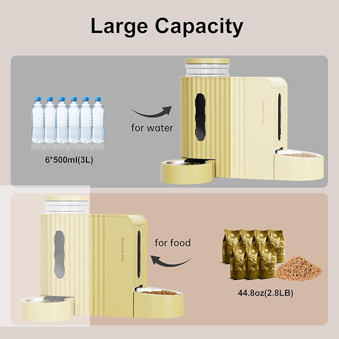 Gardner Pet Gravity Automatic 2-in-1 Pet Feeder, 0.8 Gallons*2 Cat Feeder and Water Dispenser Set, 100% BPA-Free and Stainless Steel Water Bowl for Dogs, Cats, Rabbits, Puppies (Yellow)
