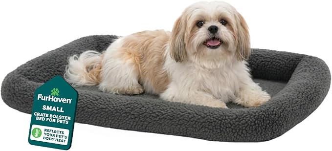 Furhaven Dog Bed for Small Dogs & Indoor Cats, 100% Washable, Sized to Fit Crates - Sherpa Fleece Bolster Crate Pad - Gray, Small