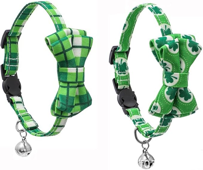 2-Pack Breakaway Cat Collars with Removable Double-Layer Bow Tie and Bell for Boy and Girl Cats,Safety Kitten Collars Suitable for Festivals and Daily. (St. Patrick's Day1)