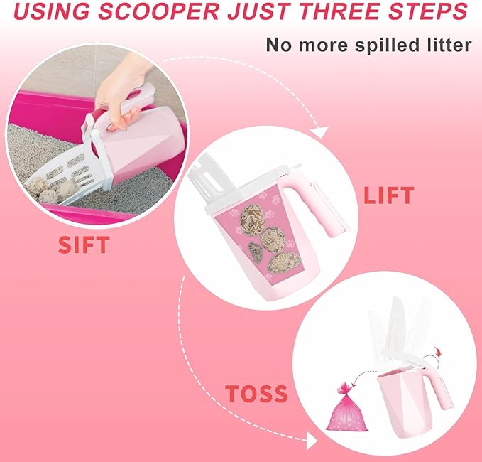 Cat Litter Scoop, Cat Litter Scooper with Holder and 150 Cat Poop Bags for Litter Box: Removable Litter Sifter Shovel and Large Capacity Trash Can, Portable Kitty Poop Scooper Built in Bags (Pink)