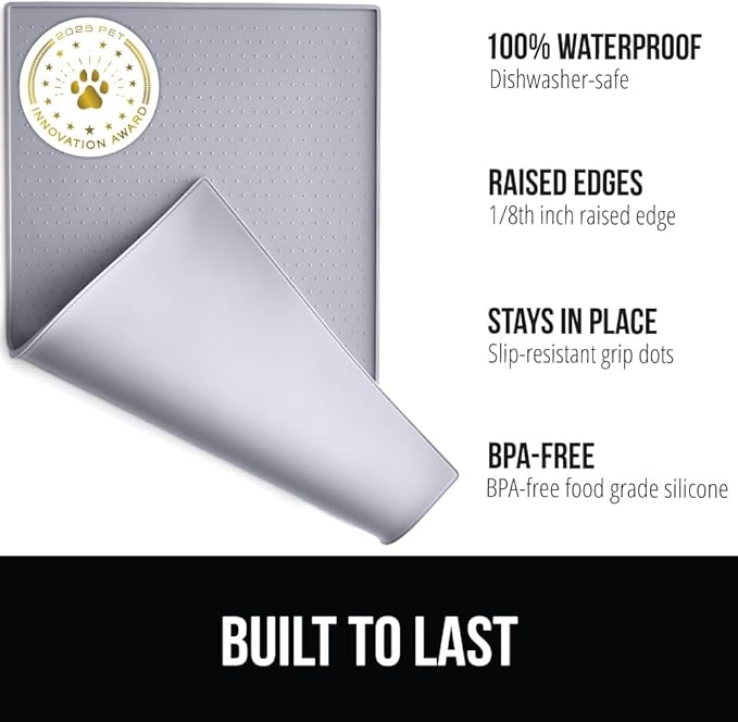 GORILLA GRIP 100% Waterproof Raised Edge BPA Free Silicone Pet Feeding Mat, Dog Cat Food Mats Contain Spills Protects Floors, Placemats for Cats, Dogs Water Bowl, Pets Accessories 18.5x11.5 Light Gray
