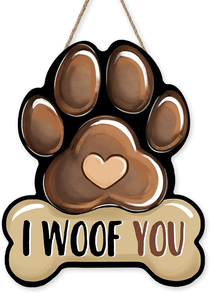 Dog Paw Prints Front Door Sign, I Woof You Bone Wood Hanger Outdoor Outside Porch Home Decor, Wooden Wreath Indoor Wall Hanging Decoration Pet Owner Lover Gift