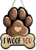Dog Paw Prints Front Door Sign, I Woof You Bone Wood Hanger Outdoor Outside Porch Home Decor, Wooden Wreath Indoor Wall Hanging Decoration Pet Owner Lover Gift