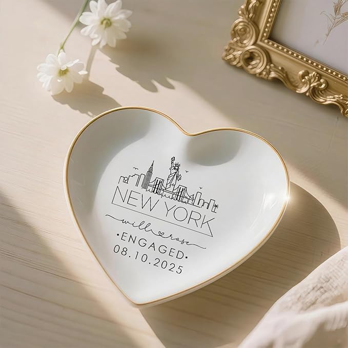 Custom City Skyline Engaged Ring Dish, Engagement Ring Holder, Custom Wedding Jewelry Dish, Jewelry Tray Gifts for Newly Engaged Couple, Trinket Dish Gift for Her Bride Wife