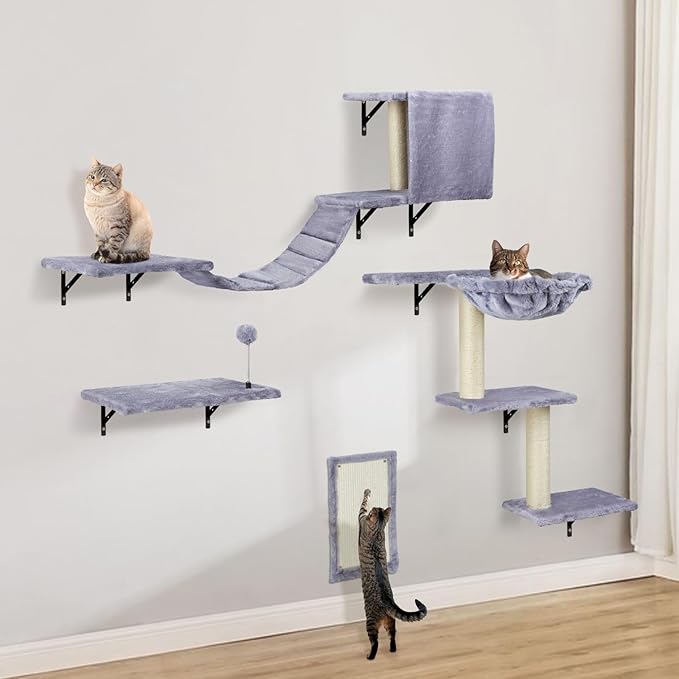 Cat Wall Shelves, Multi-Level Cat Climbing Furniture, Space-Saving Wall-Mounted Cat Climber Set with Perches,Bridge,Hammock,Scratching Board & Ball for Indoor Cat Play (Light Grey)