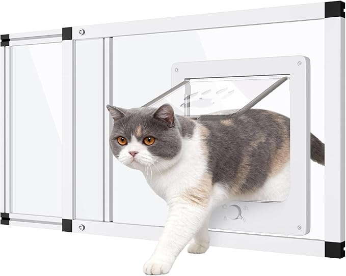 Sliding Cat Door for Window, Fits 22"-28.5" Width Window, 2-Min Install | Aluminum Frame + HD Glass | Weatherproof Design | Magnetic Closure Window Cat Door Insert, Adjustable Pet Door Window for Cats