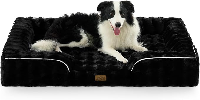 Orthopedic Dog Bed for Extra Large Dog, Soft and Warm Faux Fur Sofa for Giant Pet Up to 150 lbs, Foam Bolster Anti-Slip Couch with Washable Removable Cover, XXL 48x35x8 inch, Black
