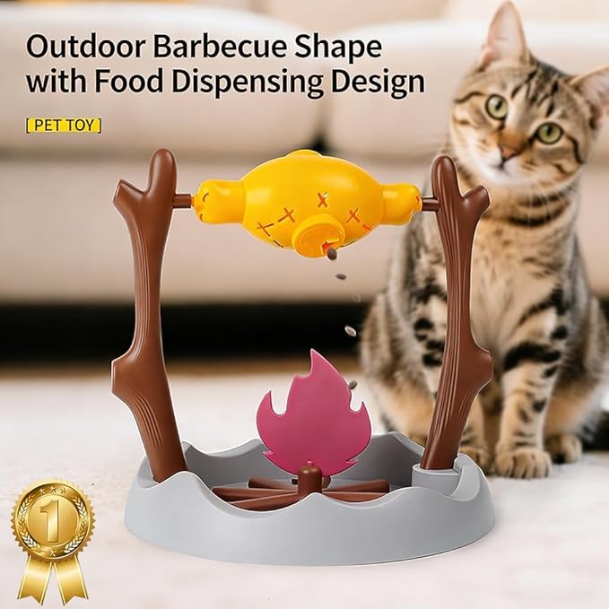 Cat BBQ Toy,11" High Cats Treat-Dispensing Slow Feeder,Pets Dry Food Dispenser,Cats Slow Feeding Snack Bowl, Grilled Fish Spinning Toy, Food Puzzle Cat Toy