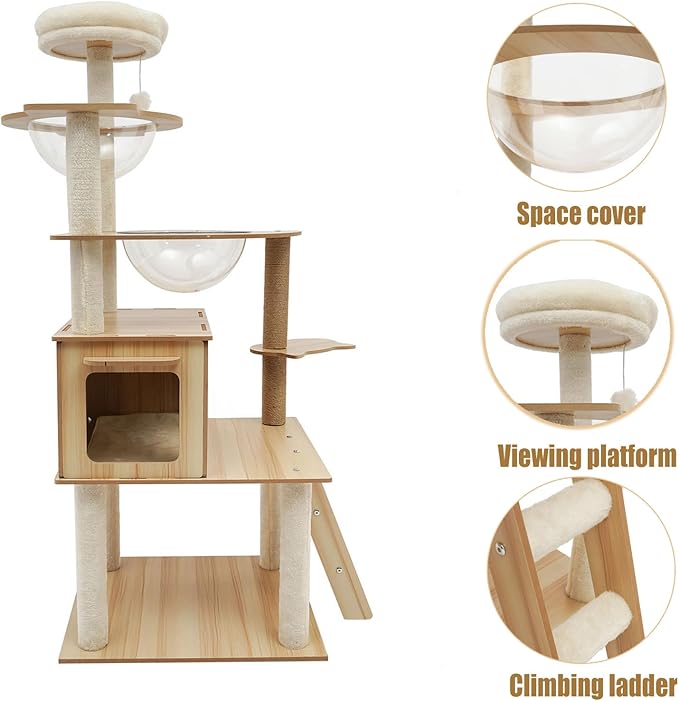 Wood Cat Tree, Modern 5-Tier Wooden Cat Tree, Wooden Tower with Acrylic Space Capsules & Sisal Scratching Post, 55.1in Multi-Level Activity Center for Indoor Cats (22lbs Capacity)