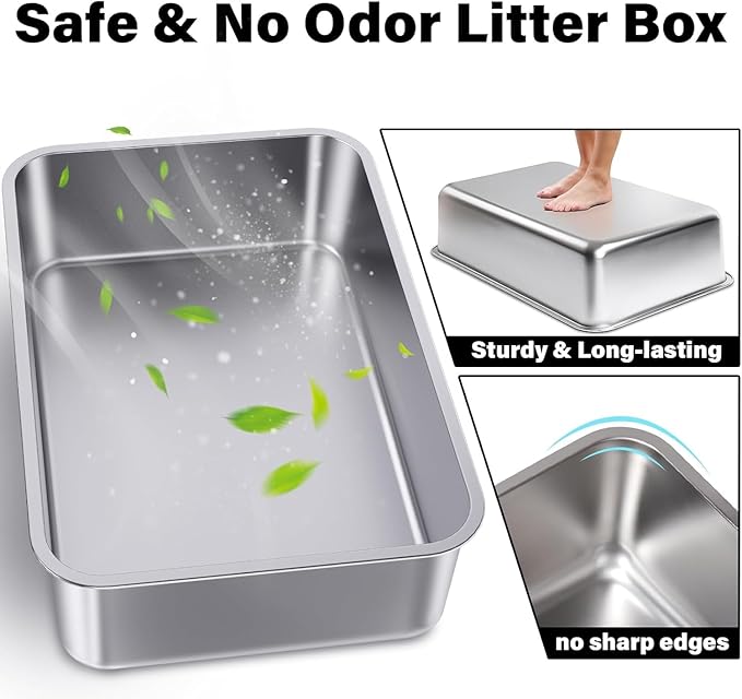 Stainless Steel Litter Box, Metal Litter Box, Cat Litter Box for Kitten, Kitty, Rabbit, 6" High Side Cats Litter Boxes, Cat LitterBox, No Smell, Non Stick, Easy to Clean