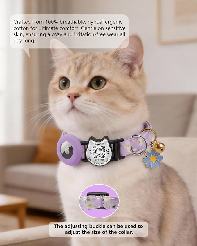 Smart Breakaway Cat Collar with QR Code Pet ID, Built-in AirTag Holder, Adjustable Cotton Cat Collar with Bell for Kittens and Adult Cats ，Pastoral Style with airtag Holder(Purple)