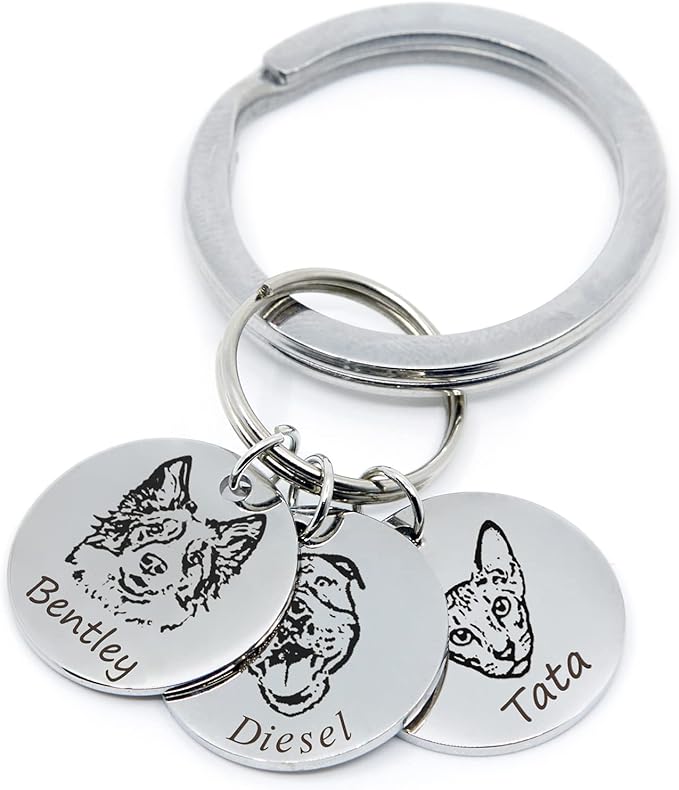 MignonandMignon Custom Pet Portrait Keychain Personalized Multiple Dog Cat Photo Engraved Memorial Christmas Gifts -LCKR-AP