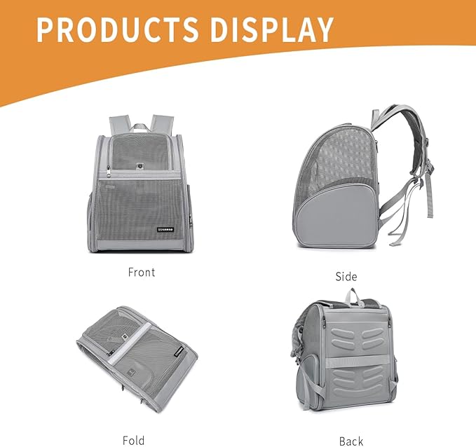 Cat Backpack Carrier for Small Dogs and Medium cat Puppy Kitten Bunny Pet Carrier Backpack Collapsible with Fully Ventilated Mesh with Safety Leash (Gray, 12.9" L x 10.62" W x 15.5" H - M)
