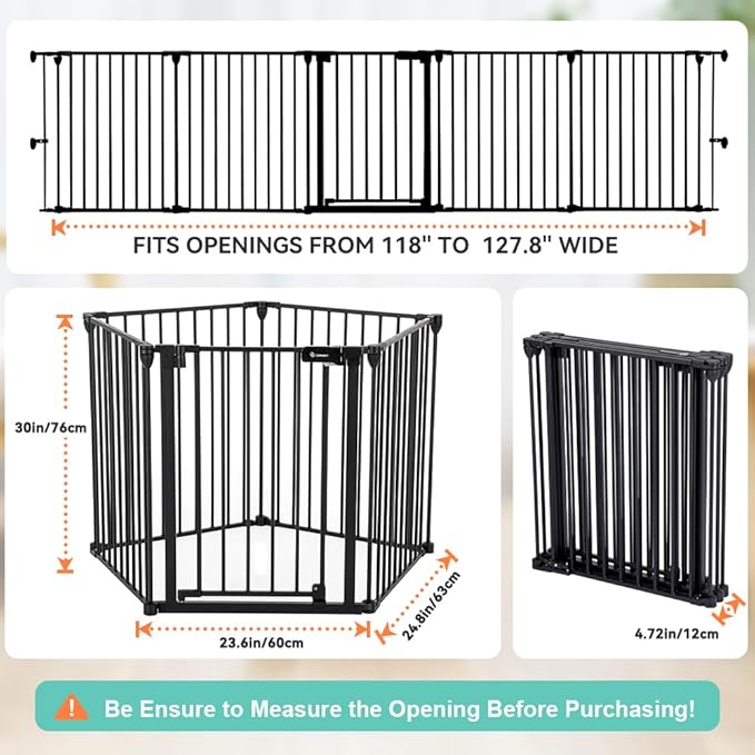 COMOMY 127.8" Extra Wide Baby Gate, Dog Gate for House Stairs Doorways Fireplace, Auto Close Pet Gate with Door Walk Through, 5 Metal Panels, Hardware Mounted Baby Fence Indoor Outdoor(30" Tall,Black)
