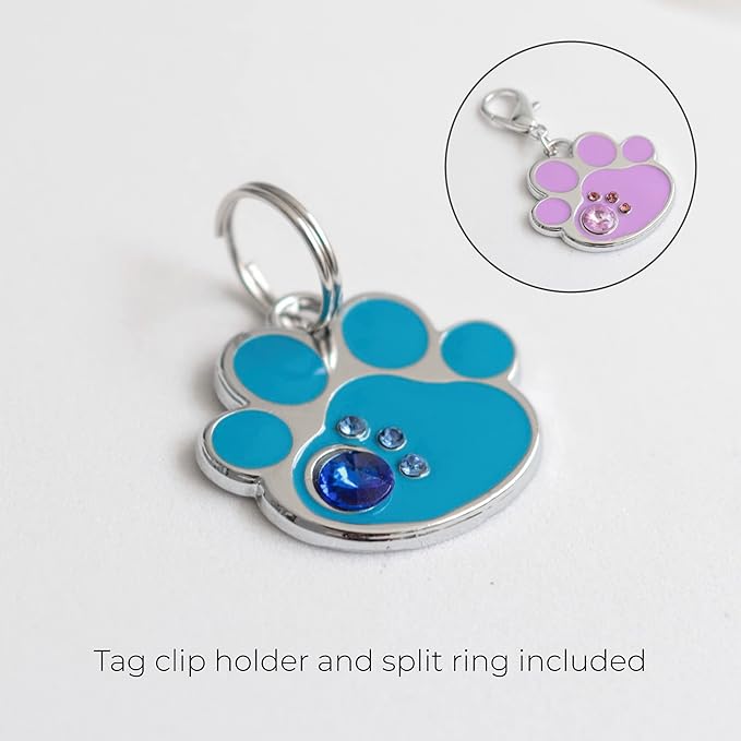 PAWNIMALS Paw Shape Dog ID Tag Stainless Steel Custom Laser Engraved, Cute Bling Glitter Pet Name Tags Personalized with Durable Engraving (Crystal Paws)